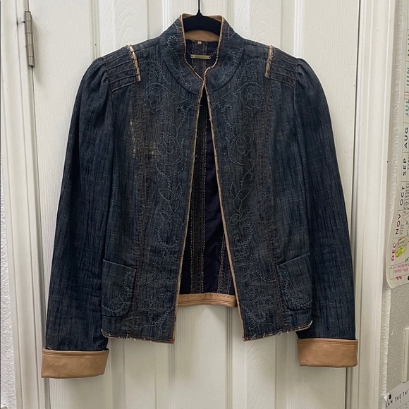Elie Tahari Jackets & Blazers - Elie Tahari Embroidered Denim Jacket with Tan Leather Accents